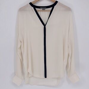 Vince Contrast Trim V-Neck Silk Blouse Off White Black Women’s Size XS